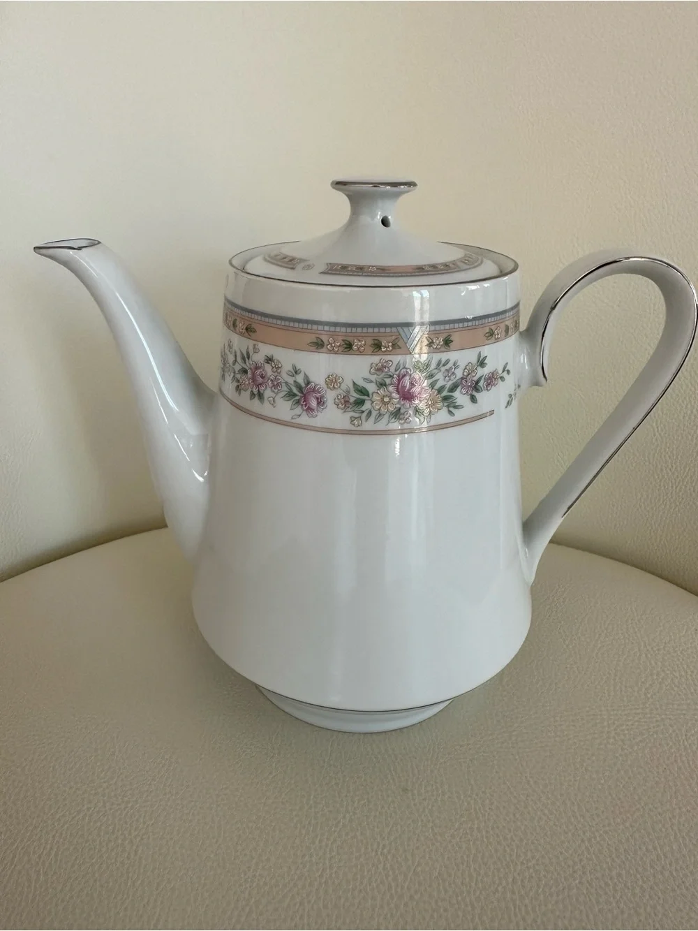 Porcelain Floral Accent Coffee Pot - Pink and Silver Trim
